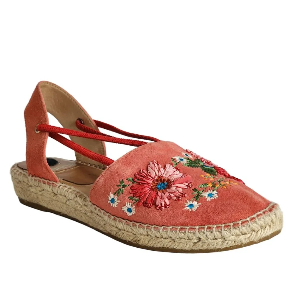 KANNA Coral Red Floral Embroidered Espadrilles Size 39 8.5